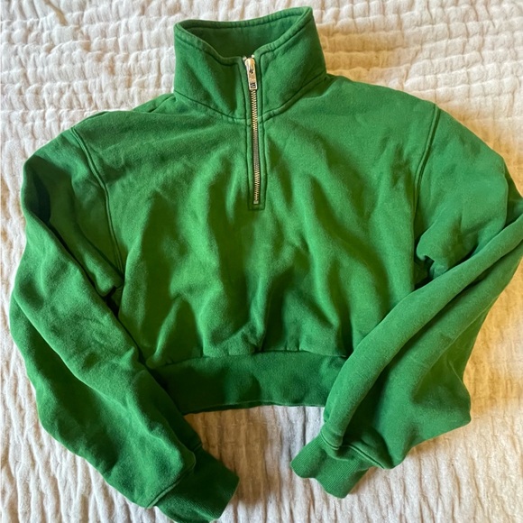 TNA Aritzia Cozy Fleece Money Green 1/4 Quarter Zip Cropped Sweatshirt Vintage S - Picture 4 of 14